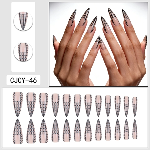 Unghie Finte Stiletto Lunghe Motivo A Scacchi Nude Rosa Nero Bianco Pois Moda Sexy Unghie Artificiali