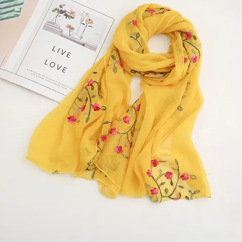 Damen Blumenschal Stickerei Chiffon Satinnartig Stola Sonnenschutz Strandtuch Lange Mode Elegant Leicht Atmungsaktiv