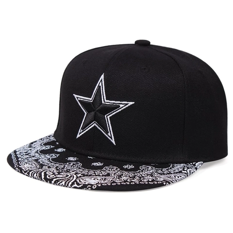 Cotton Snapback Baseball Cap With Star Embroidery And Paisley Brim Pattern Adjustable Hip Hop Flat Brim Hat For Men Women