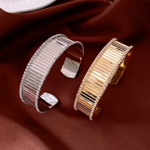 Striped Open Cuff Bracelet Copper 18K Gold Plated Micro Pave Rhinestone Elegant Fashion Jewelry