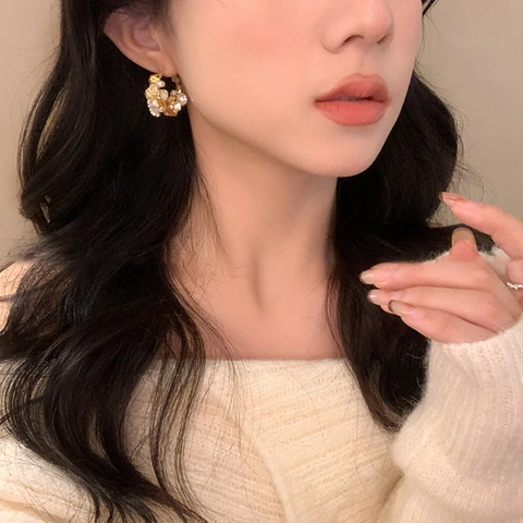 Orecchini A Cerchio Fiori Lega Strass Künstliche Perle Di Imitazione Con Perno In Argento Vintage Elegante Gioielli
