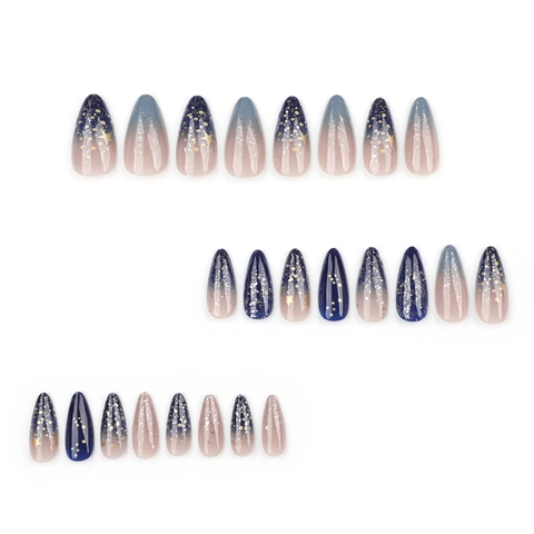 Almond Form Künstliche Nägel Sternenhimmel Blau Rosa Ombre Goldener Stern Glitzer Falsche Nägel
