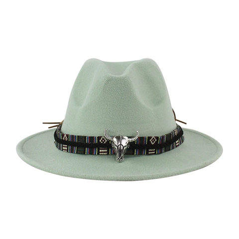 Ethno-Böhmischer Fedora-Hut Mit Metall-Stierkopf Stammes-Webband Breiter Krempe Cowboy Jazz-Hut Für Herren Damen Polyester Filzhut