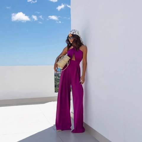 Women Halter Neck Jumpsuit Sleeveless Hollow Out Wide Leg Pants Polyester Elegant Summer Vacation Solid Color