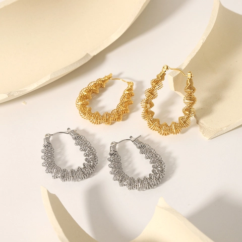 Stainless Steel Hoop Earrings For Women French Retro Wire Wrapped Spiral Texture Geometric Gold Plated Vintage Jewelry