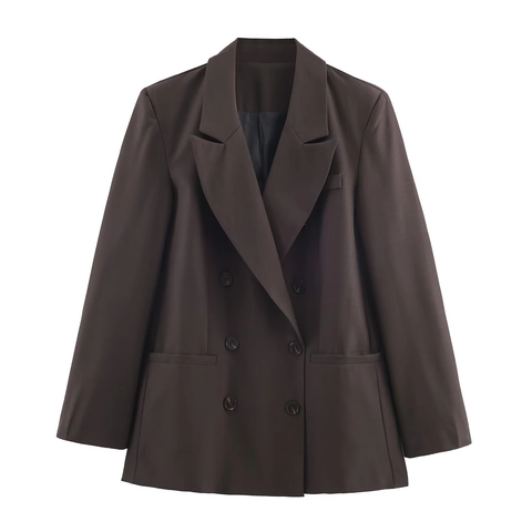 Blazer Doppio Petto E Pantaloni Dritti Da Donna Poliestere Spalline Imbottite Vita Alta Completi Professionali Ufficio Marrone Scuro