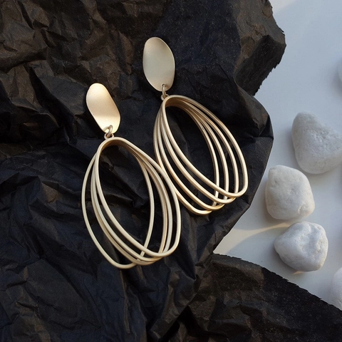 Geometric Oval Multi Layer Drop Earrings Matte Alloy With Silver Earring Post Minimalist Fashion For Women