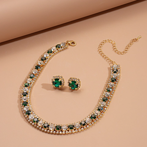 Collar Y Pendientes Cobre Geométrico Diamantes De Imitación Lujo Retro Estilo Palacio Accesorios Elegantes Mujer