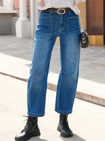 Jean Cargo Femme Taille Haute Jambe Large Pantalon En Denim Grandes Poches Plaquées Style Rétro Lavé Coton
