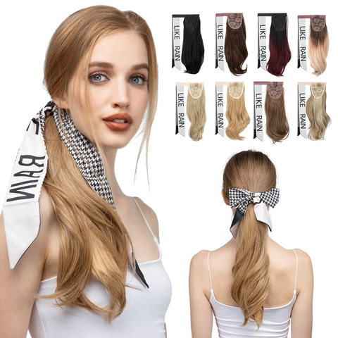 Lange Lockige Welle Ponytail Verlängerung Hochtemperatur Satin Mit Houndstooth Schal Wickel Magic Tape Für Damen