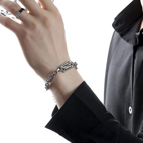 Cuban Link Multi Layer Bracelet Stainless Steel Alloy Rectangular Glass Crystal Pendant Hip Hop Punk Jewelry For Women Men