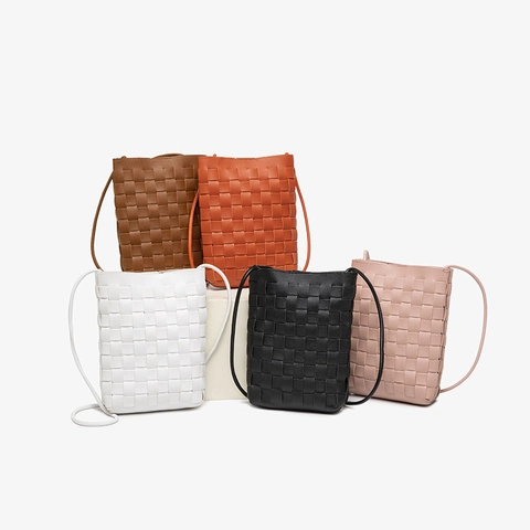 Damen Gewebte PU Leder Handytasche Minimalistische Vertikale Quadratische Umhängetasche Mit Dünnem Schulterriemen Täglich Kleine Tasche