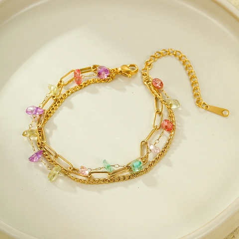 18K Gold Plated Stainless Steel Layered Bracelet For Women Colorful Natural Stone Chips Chain Multilayer INS Fashion Jewelry Gift