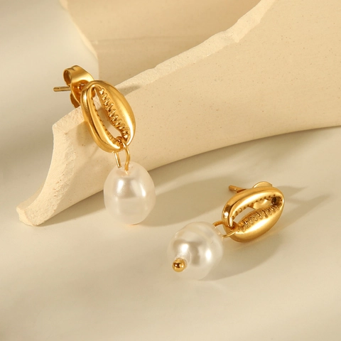 Scallop Shell Drop Earrings Stainless Steel Artificial Pearl Beach Summer Style Elegant Jewelry For Women