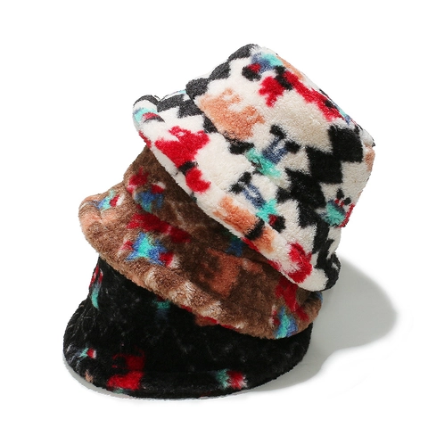 Warm Winter Faux Fur Bucket Hat Thick Lamb Wool Geometric Abstract Doodle Pattern Windproof Fisherman Hat For Men Women