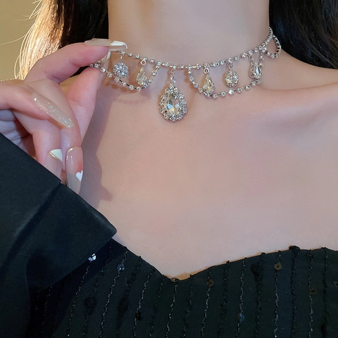 Rhinestone Waterdrop Choker Necklace Alloy Teardrop Fringed Tassel Clavicle Chain Elegant Women Evening Party Jewelry