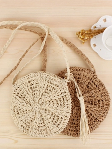 Women Round Woven Crossbody Bag Paper Rope Handmade With Tassels Summer Beach Bohemian Casual Purse