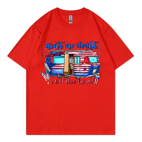 Herren Grafik T-Shirt 100% Baumwolle Retro Amerikanische Flagge Wohnmobil Druck Kurzarm Rundhals Sommer Lässig