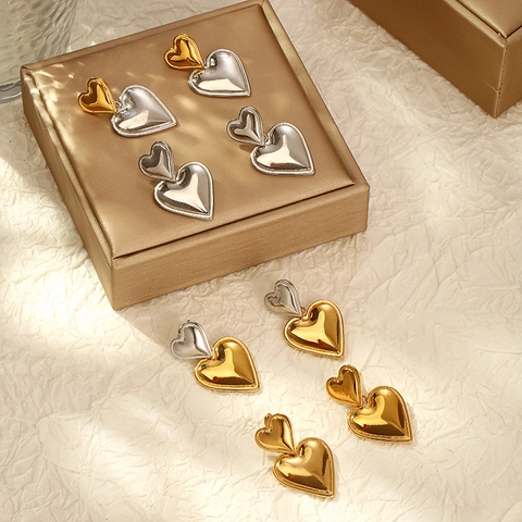Double Heart Pendant Earrings Layered Heart Studs Stainless Steel Gold Silver Two Tone Fashionable Jewelry For Women