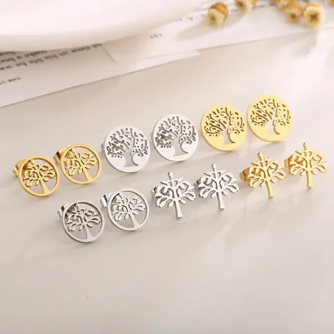 Levensboom Oorknopjes Roestvrij Staal Hol Rond Plantenontwerp Sieraden Voor Dames Minimalistische Zoete Stijl Accessoire