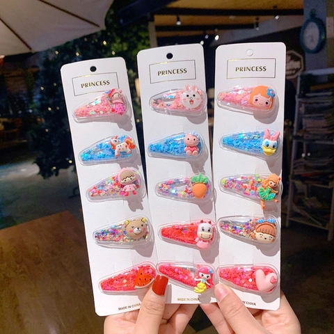 Kids Hair Clips Quicksand Sequins Transparent Acrylic Cartoon Fruit Animal Snap BB Pin Fabric Wrapped For Girls Baby