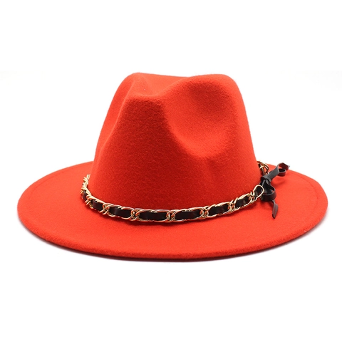 Vintage Fedora Hat Woolen Felt Wide Flat Brim Metal Chain Black Bow Elegant Jazz Cap For Women Men Outdoor