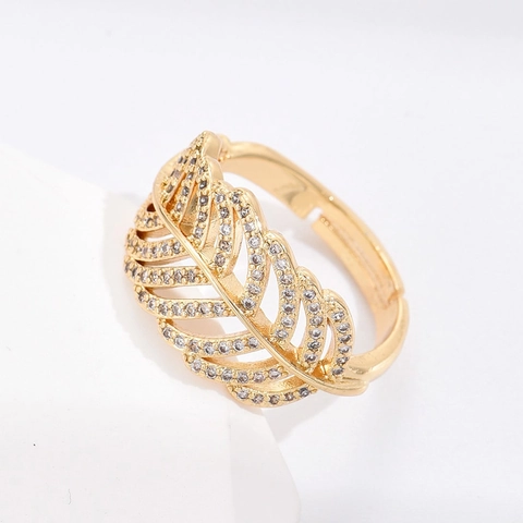 Verstellbarer Offener Ring Für Frauen Feder Blatt Design Gold Vergoldet Kupfer Zirkonia Eingelegt Trendiger Schmuck