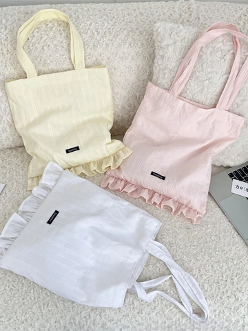 Women Tote Bag Large Capacity Polyester Frill Ruffle Trim Vertical Stripe Texture Soft Daily Shoulder Handbag Casual