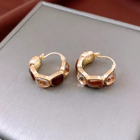 Vintage Square Huggie Earrings Alloy Gold Color With Champagne Brown Crystal Resin Stones For Women