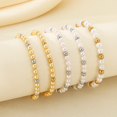 Pulsera De Perlas Artificiales De Vidrio Minimalista Cuentas De Metal Ajustable Elegante Tejida A Mano Joyería Para Mujer