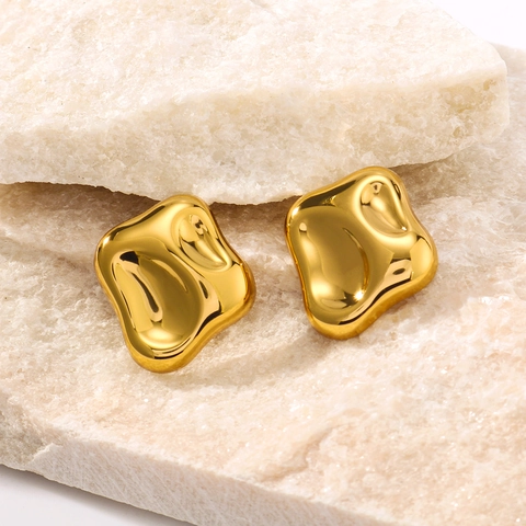 Gold Plated Stainless Steel Stud Earrings Irregular Geometric Square Shiny Liquid Metal Minimalist Jewelry For Women