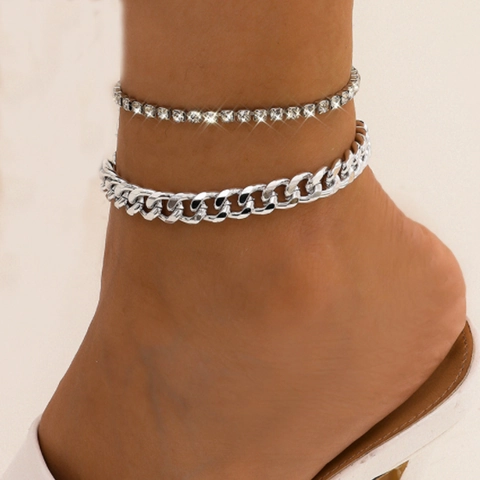 Alloy Strass Fußkettchen Und Kubanische Gliederkette Fußschmuck Für Frauen Übertriebener Quastenstil Glänzendes Strandzubehör