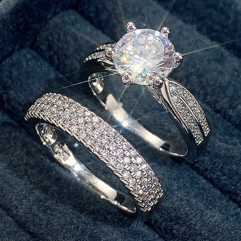 Alloy Cubic Zirconia Solitaire Rings Round Brilliant Cut Six Prong Wedding Engagement Jewelry For Women Luxury