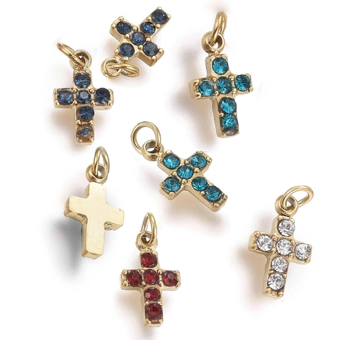 Mini Cross Charms Gold Plated Titanium Steel With Colorful Rhinestones Tiny Pendants For DIY Jewelry Making Findings