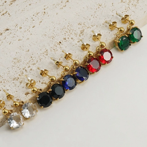 Round Zircon Stud Earrings Stainless Steel 18K Gold Plated Colorful Gemstone Jewelry Fashionable Women