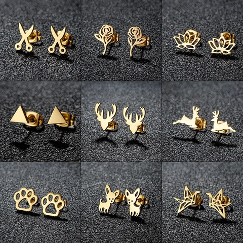Niche Minimalist Stainless Steel Stud Earrings For Women Origami Crane Reindeer Rose Scissors Geometric Animal Fashion Jewelry