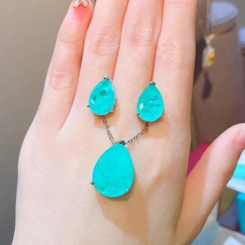 Elegant Copper Pear Cut Simulated Emerald Paraiba Waterdrop Pendant Necklaces And Stud Earrings For Women