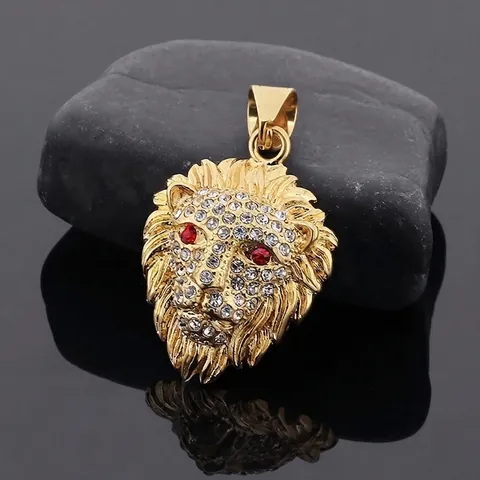 Collier Pendentif Tête De Lion En Acier Inoxydable Plaqué Or Avec Strass Style Punk Hip Hop Pour Hommes