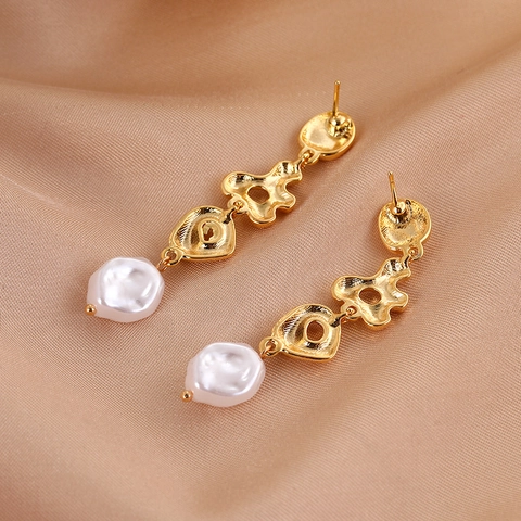 Französische Vintage Barock Künstliche Perle Ohrhänger Lange Unregelmäßige Wasserwelle Vergoldete Kupfer Ohrringe Schmuck