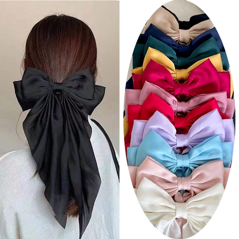 Satin Bow Hair Clip With Long Streamers Elegant Ribbon Spring Barrette For Women Solid Color Elegant Styling Accessory