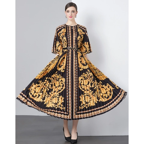 Vestito Pieghettato Elegante Da Donna Con Stampa Barocca Girocollo Mezza Manica Vintage Fisarmonica Vita Alta Chiffon