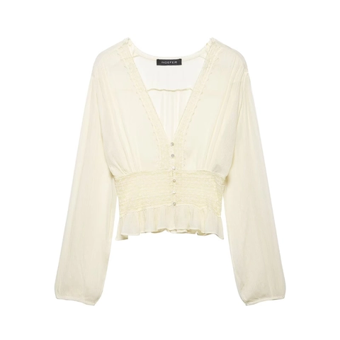 Women Chiffon Peplum Top V Neck Long Sleeve Lace Trim Smocked Waist Button Down Elegant Blouse Off White Cream