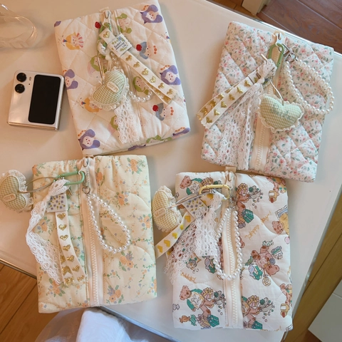 Quilted Cotton Mini Handbag Floral Cartoon Padded Makeup Pouch With Artificial Pearl Chain Handle And Heart Pendant For Women