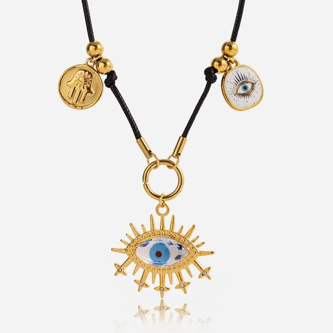 Evil Eye Halskette 18K Vergoldeter Edelstahl Hamsa Hand Anhänger Schwarzes Wachsseil Vintage Boho Wasserdichter Schmuck Für Damen