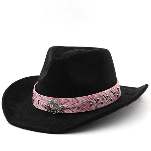 Cappello Da Cowboy Occidentale Scamosciato Fedora A Tesa Larga Con Cintura Decorativa Con Borchie Stile Bohémien Per Uomini Donne