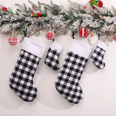 Christmas Stockings Buffalo Plaid Plush Cuff Hanging Holiday Fireplace Gift Candy Bags Classic Red Black White Grid