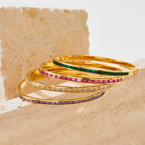 Bangle Bracelet Stainless Steel Baguette Cut Colorful Zircon Stones Hinged Luxury Elegant For Women