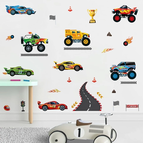 Racing Car Wall Stickers PVC Self-Adhesive Monster Truck Track Decals For Kids Boys Bedroom Playroom Cartoon Decor