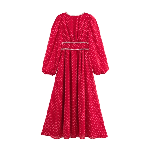 Women Sweet V-Neck Polka Dot Maxi Dress With Artificial Pearl Trim And Bow Decoration Long Sleeve Red Elegant High Waist
