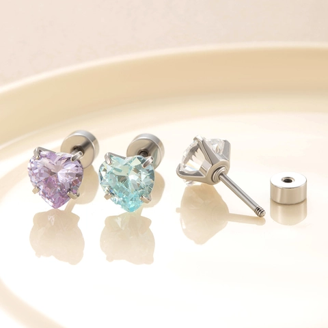 Heart Cubic Zirconia Stud Earrings Stainless Steel Screw Back Small Cute Jewelry For Women